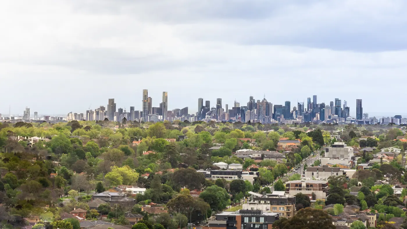 City skyline under a clear blue sky